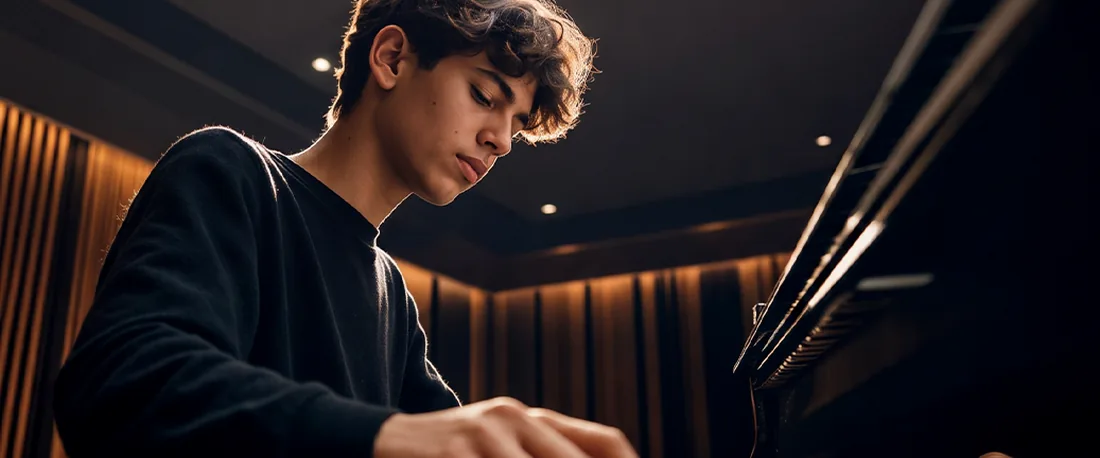 An Eastwood Global student rehearsing at the piano