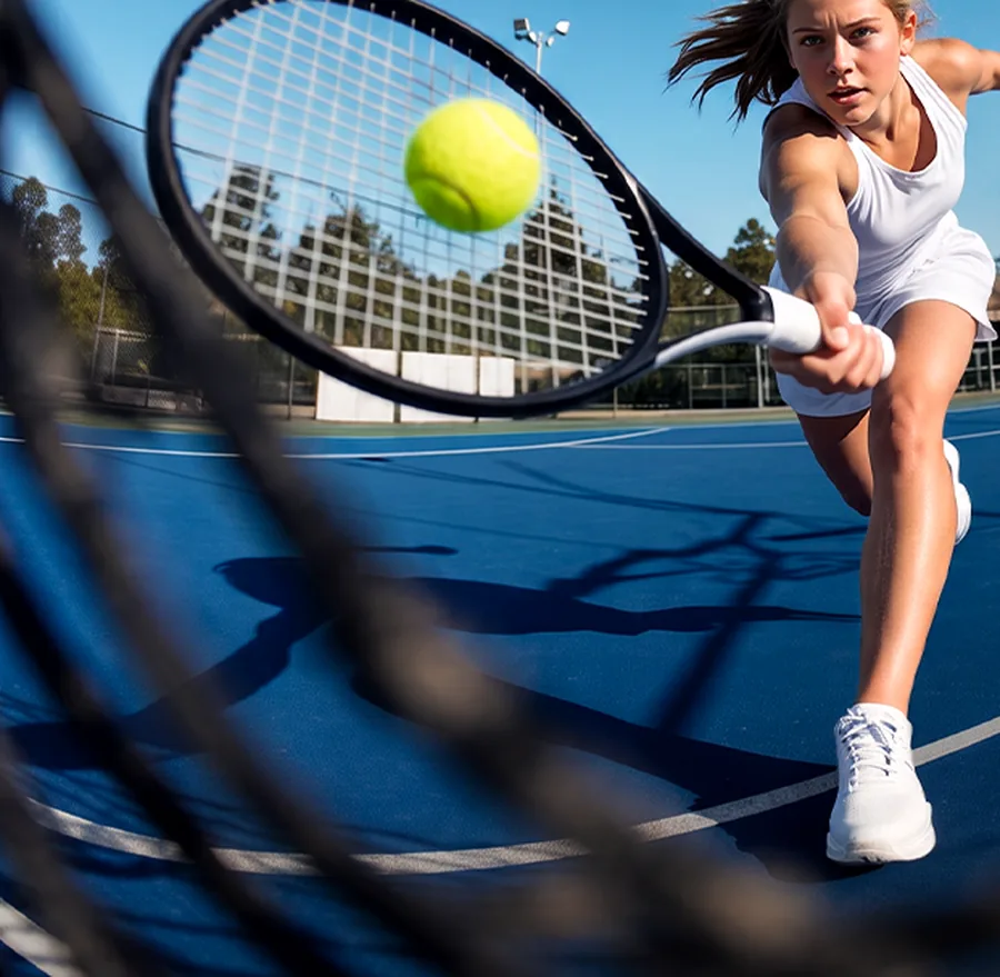 An Eastwood Global student mid-competition on a tennis court